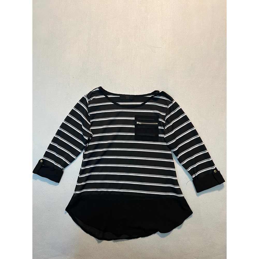 Ashley Blue Womens Black White Striped 3/4 Sleeve Zipper Pocket Top Size L